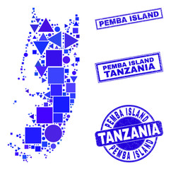 Vector mosaic Pemba island map. Geographic collage in blue color tones, and textured round and rectangle seal stamps. Abstract collage of Pemba island map constructed of round, tringle,