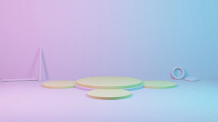 Product placement space in a white room. 3D rendering soft pastel colors for product display stand, Minimal Studio, Abstract mock up witch copy space for Showcase.