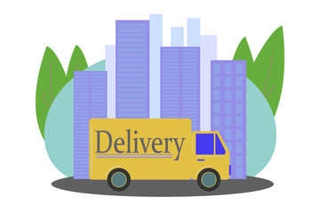 Delivery of parcels and cargo, car moving on the background of the city, flat vector illustration