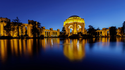 The Palace at night reflected in the water. San Francisco, California, USA.
