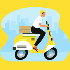 Online food delivery service , online order tracking, delivery home and office. Scooter delivery. Shipping. Man on the bike. Vector illustration