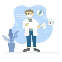Portrait of a male doctor with lab coat in his office holding a white paper. Doctor shows an empty board to write a personal message or advice for treating patients. Vector illustration.