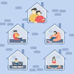 Stay at home and coronavirus COVID-19 concept - Men and women quarantine or isolate themselves during the outbreak of the virus. Vector illustration in flat style.