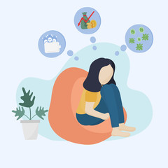 Concept of the effects of the coronavirus or COVID - 19, Young woman sat sadly from unemployment by the impact of the economic crisis. Flat design illustration.