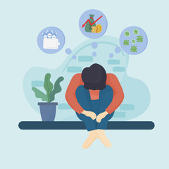 Concept of the effects of the coronavirus or COVID - 19, Young man is stressed from unemployment by bent his head. Unemployed people from economic crisis. flat design illustration.