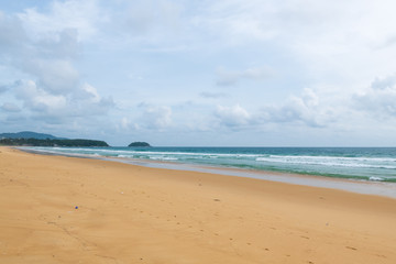 Quiet Karon beach in Phuket Thailand during locked down policy due to Covid-19. All beaches in Phuket are not allowed to enter.