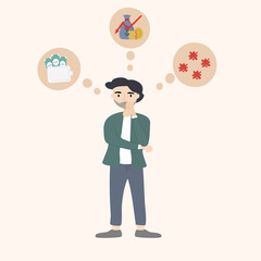 Concept of stress, tension and migraine. Young man was pondering the failed and business stress of the deteriorating economic conditions. Unhappy young man with the external conditions of the economy.