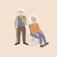 Old man holding a walking stick and an old woman sitting in a wheelchair. Elderly people couple receiving help and care. Senior, grandparent, grandmother, grandfather. Flat Vector Illustration.