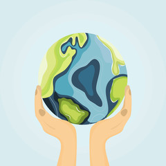 Earth Day. Renewable energy for ecology and environment conservation concept. Close up hand that is embracing the beautiful world with care. Flat design.Vector illustration.