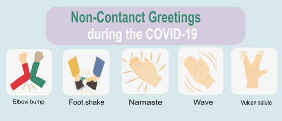 Non-Contact Greetings during the COVID-19 or coronavirus period. Five interesting greeting options, including elbow bump, Foot shake, wave, namaste and Vulcan salute greeting.