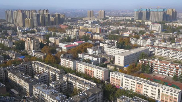 Aerial panoramic view of cityscape in Henan of China in winter