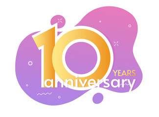 10 years anniversary banner or poster template and number ten vector modern colorful illustration design, 10th or tenth birthday party badge flyer isolated on white background trendy symbol image