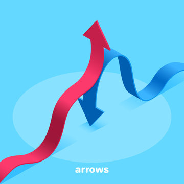 Isometric Vector Image On A Blue Background, Wave-shaped Arrows Of Blue And Red Color Directed Oppositely Up And Down, Flow And Growth In The Economy