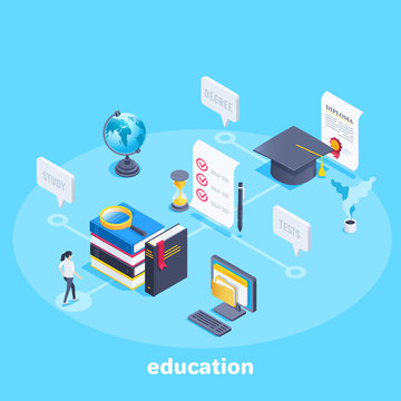 isometric vector image on a blue background, the path from the beginning of education to a scientific degree, books and test next to a hat and a diploma, a girl at the beginning of her studies