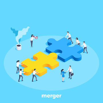 isometric vector image on a blue background, people in business clothes connect two pieces of a puzzle, teamwork for success, merger