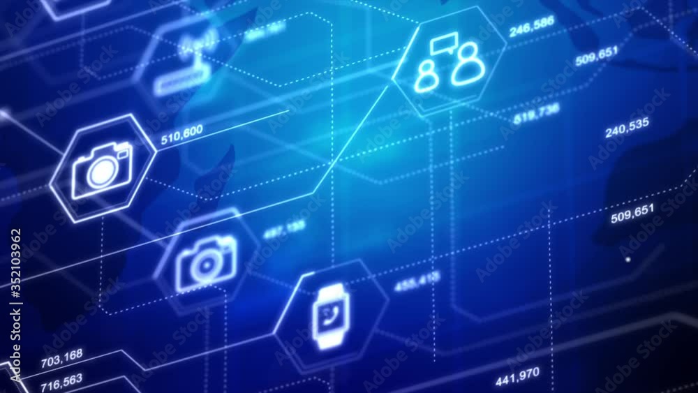 Poster internet of things icons in a hexagon shape with connection line, for cyber futuristic network and i