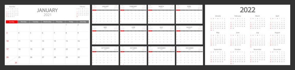 Calendar 2021, calendar 2022 week start Sunday corporate design template vector.