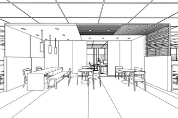 interior outline sketch drawing perspective of a space office