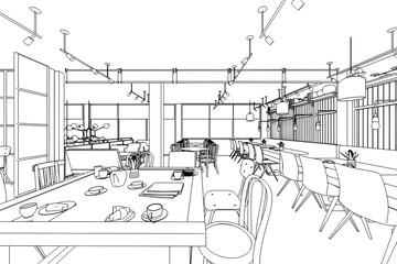 outline sketch drawing interior perspective of house