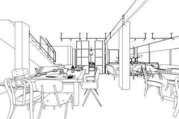 outline sketch drawing interior perspective of house