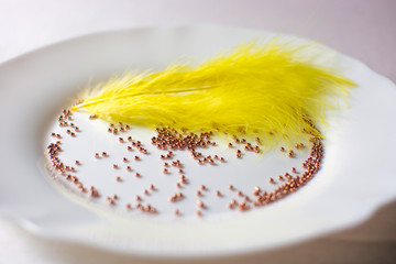 Yellow feather and gold beads on a white plate