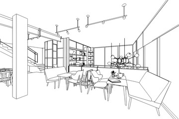 outline sketch drawing interior perspective of house