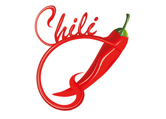 glänzend rote Chilischote mit Chili Typografie