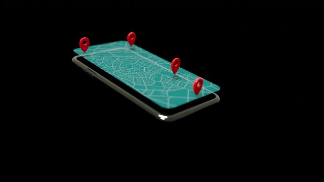 3D Rendering mobile smartphone with destination target pointer and route waypoint, for GPS navigation map mobile application and logistic concept, selective focus shallow depth of field