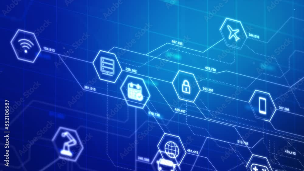 Poster internet of things icons in a hexagon shape with connection line, for cyber futuristic network and i