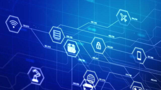 Internet of things icons in a hexagon shape with connection line, for cyber futuristic network and innovation concepton the dark background, shallow depth of field effect with dark and grain processed