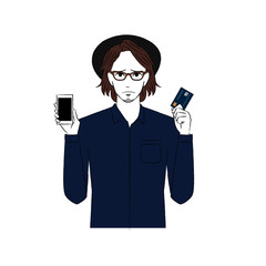 スマホとキャッシュカードを持って困り顔の男性