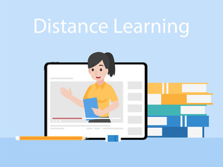 Online Teacher on Tablet monitor teaching education lesson with video tutorial on video blog social media webinar training, Distance Learning Television concept.