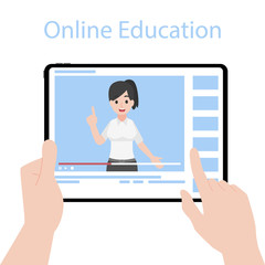 Online Teacher on Tablet monitor teaching education lesson with video tutorial on video blog social media webinar training, Distance Learning Television concept.