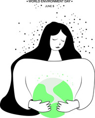 Vector illustration on the theme of World Environment day on June 5th. girl hugs the planet