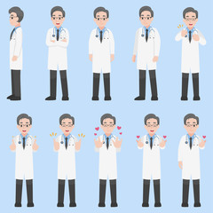 Fototapeta premium Set of Doctors Character design in various action with emotions Cartoon flat Health care concept.