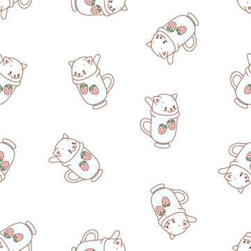 Cute kitten pattern. Illustration of cute white kittens sitting in tea cups decoraded with strawberries. Vector 8 EPS.