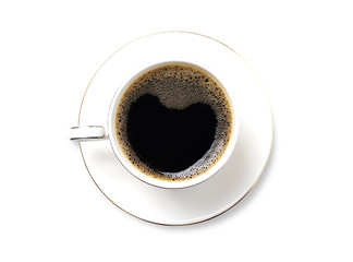 Top view of Hot coffee in black cup isolated on white background. Clipping path.