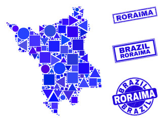 Vector mosaic Roraima State map. Geographic scheme in blue color tones, and scratched round and rectangle seal stamps. Abstract mosaic of Roraima State map designed of round, triangles,