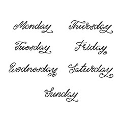 Days of the week. Handwritten weekdays: Monday, Tuesday, Wednesday, Thursday, Friday, Saturday, Sunday. Can be used for scrapbooking, bullet journals, to do lists or weekly planners. Vector 8 EPS.