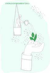 Vector illustration on the theme of World Environment day on June 5th.
 man is watering the earth, which is in the hands of people
