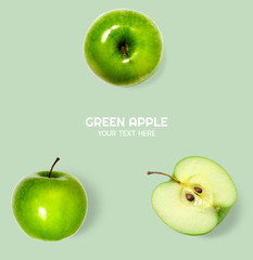 Flat lay (Top view) of Green fresh apple fruit isolated on pastel green background