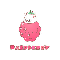Raspberry. Kawaii illustration of a little white kitten sitting in a raspberry. Vector 8 EPS.