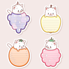 
Kawaii notebook page templates. Memo pads in the shape of fruits with little kittens. Can be used for scrapbooking, bullet journals, gift tags, cards and invitations. Vector 10 ESP.