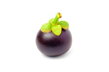 Tropical fruits. One whole mangosteen isolated on white with clipping path