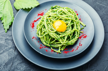 Pasta with herbal sauce.