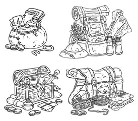 Set of cartoon explorer chast and bags illustrationx for coloring. Fantasy coloring pages chest with adventure items. Treasure comic style doodles. Backpacks, gold coins, map, pouch