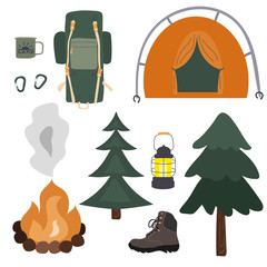 Set of hand-drawn camping and hiking elements isolated on white background. Forest and mountain hike icon set. flat vector collection