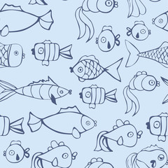 Blue fishes vector seamless pattern. Beautiful handcrafted ocean texture. Creative wallpaper design with little fish. graphic design for paper, textile print, page fill.