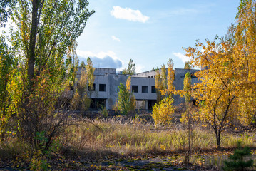 Fototapeta na wymiar The abandoned streets and buildings in the town of Pripyat in the Chernobyl Exclusion Zone, Ukraine