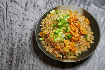 A bowl of Japanese garlic fried rice.